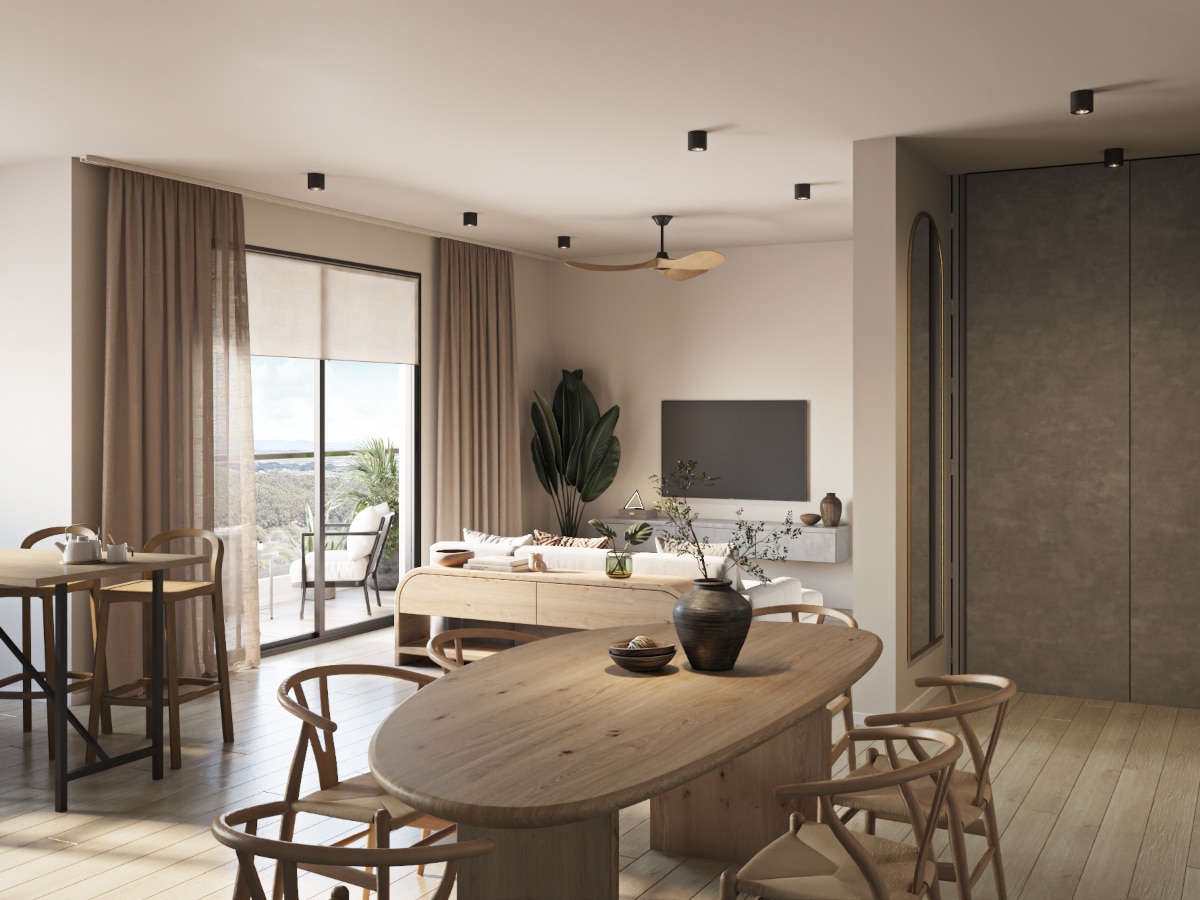 eq residences two bedroom apartment living room kitchen view 2